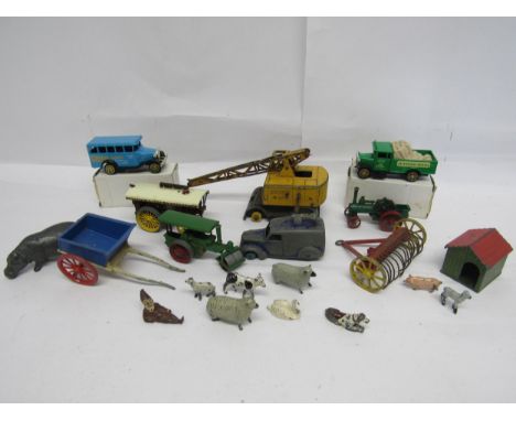 Assorted playworn lead figures and diecast vehicles including reclining gnome, farm animals, Britains two wheel cart, Dinky s