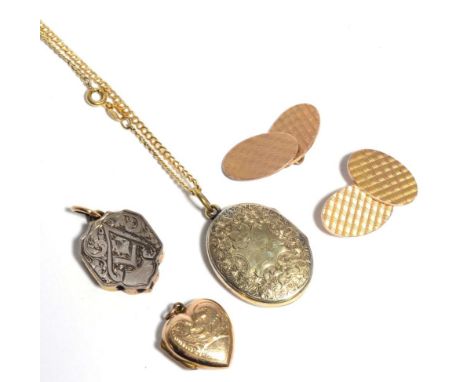 A pair of 9 carat gold engine turned double oval chain linked cufflinks; a foliate engraved oval locket pendant, with blue en
