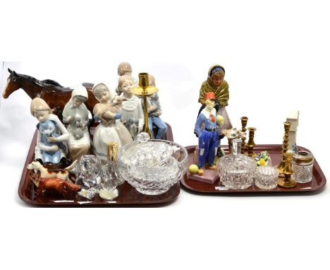 A Royal Doulton figure Derrick HN1398 (a.f.); a Continental figure of a girl; a Beswick fox and other animals; Nao figures; b