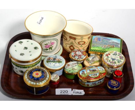 Seven Halcyon Days enamel trinket boxes, two Halcyon Days miniature vases, three other enamel trinket boxes, a porcelain hing