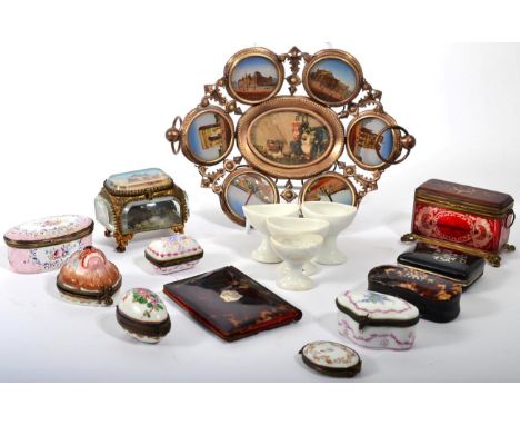 A group of 19th century enamel patch boxes, tortoiseshell purse, tortoiseshell card case, etc