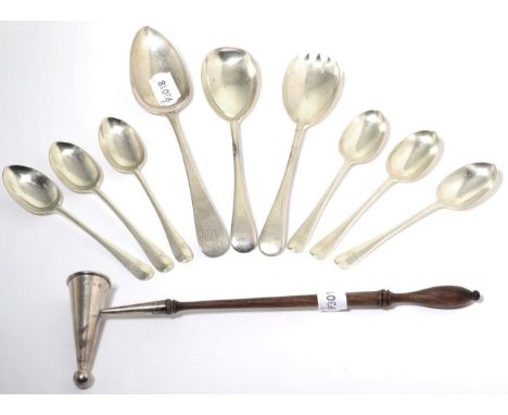 A set of six silver teaspoons, London 1892, a pair of silver salad servers, Sheffield 1908, a silver table spoon, London 1809