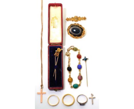 A quantity of jewellery including a Victorian yellow metal mourning brooch set with a banded agate cabochon; a Victorian bar 