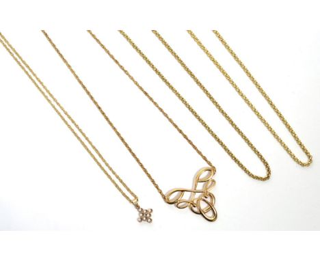 A 9 carat gold Celtic scroll pendant on an integral chain, chain length 43cm; a 9 carat gold abstract cross on chain, length 