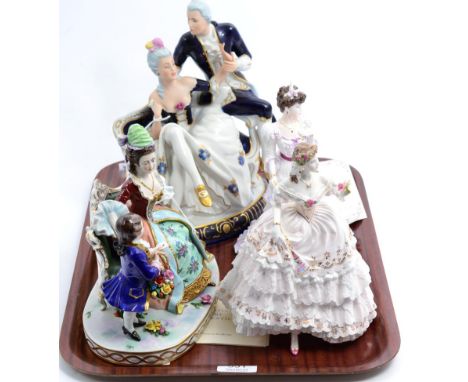 A Royal Dux figure group, Coalport lady 'Eugenie', a Royal Worcester lady 'The Fairest Rose' and a continental figure group (