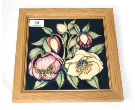 A modern Moorcroft pottery Ash Rose pattern plaque by Emma Bossons, 26/55, with painted and impressed marks, 19.5cm square (e