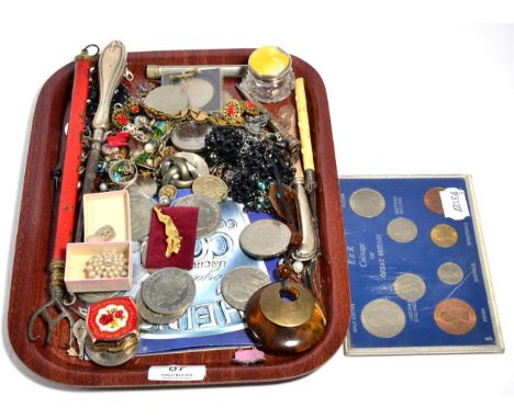 A pair of silver and enamel cufflinks; a ''Norton Bikes'' silver ring; coins; earrings; costume jewellery; two toasting forks