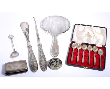 A cased set of six silver teaspoons; a silver handled button hook; a hand mirror; a compact; a cigarette case; and a preserve