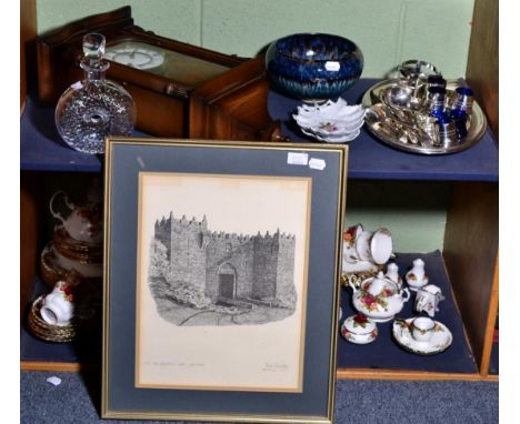 Plated ware, Hermle wall clock, Atlantis cut glass decanter, two German porcelain leaf dishes, studio pottery bowl and a prin