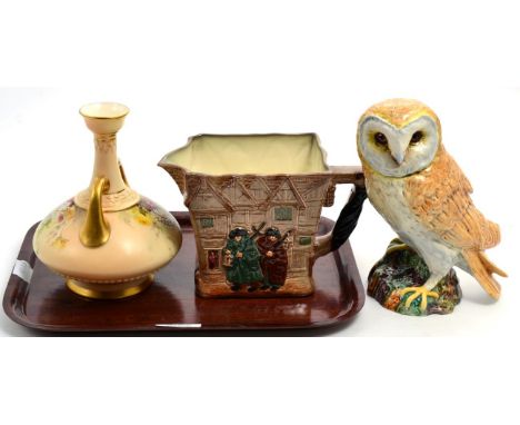 A Royal Worcester twin handled vase; a Beswick model of an Owl, 1046; and a Royal Doulton ''Old London'' jug (3)