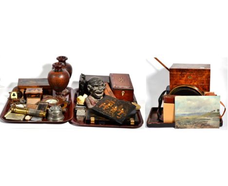 A group of miscellaneous items including a Sorrento match striker, pocket watch stand and jewellery box, a pair of turned woo