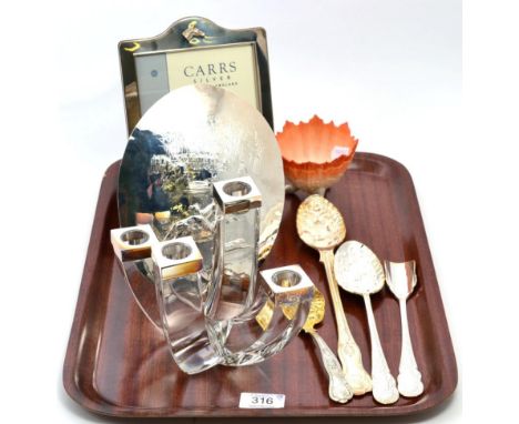 A modern silver photograph frame, Carrs Ltd, with horse detail; a silver mounted four light candelabrum centrepiece, Carrs Lt