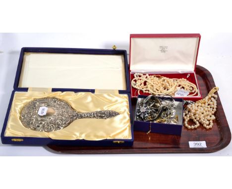 A smokey quartz and pearl brooch, a scroll brooch, a pair of Christian Dior clip earrings, a silver bangle, etc
