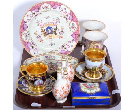 A group of 19th century and later Continental porcelain comprising a Samson of Paris Armorial plate and a Samson of Paris arm