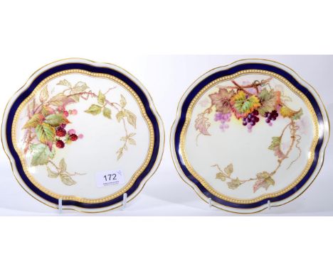 A pair of Royal Worcester fruit painted plates with lobed rims, each signed W HaleBoth in good condition but each with adhesi