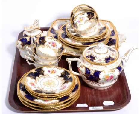 A Coalport blue and gilt highlighted part tea service