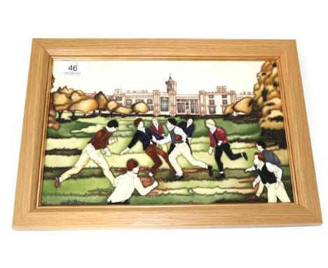A Moorcroft pottery Birth Of Rugby pattern plaque by Paul Hilditch, with painted and impressed marks, 30cm by 19cm (excluding