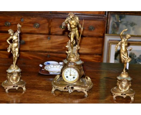 An Art nouveau gilt spelter figural clock garniture, dial with retailers signature Johnson, Darlington