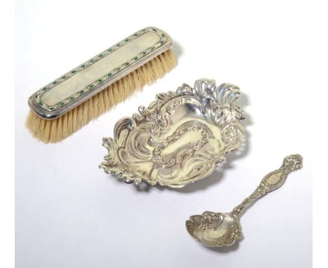 Liberty & Co, a silver and enamel dressing table brush, Birmingham 1923; an Edwardian silver dish, William Hutton & Sons, Lon