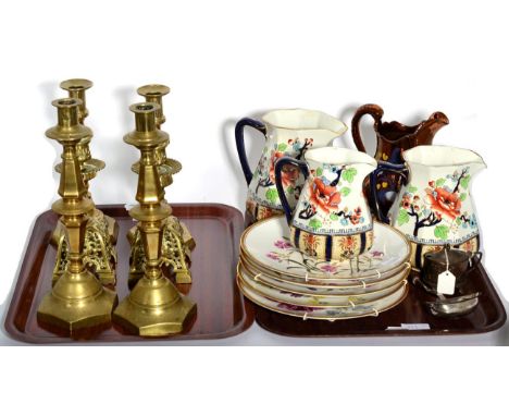 A 19th century white metal ladle; a silver salt with blue glass liner; copper lustre jug; three graduated Burslem jugs; three