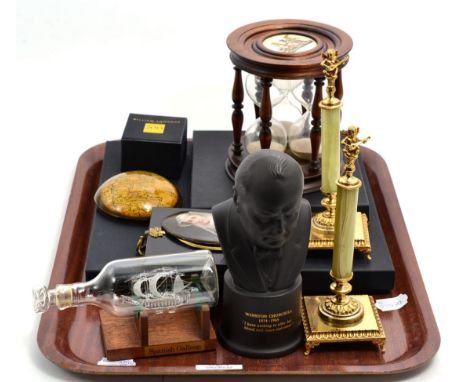 A group of miscellaneous including an inlaid oak aneroid barometer, a Wedgwood bust of Churchill, a portrait miniature and tw