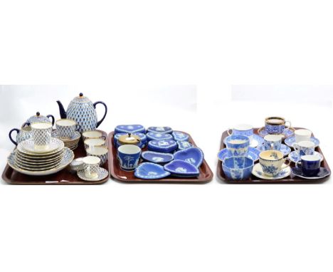 A Russian 'Imperial Porcelain' part tea service, two Royal Worcester cups and saucers, other tea wares and Wedgwood Jasperwar
