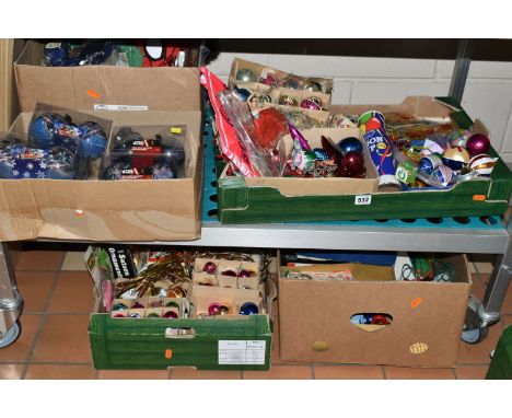 FIVE BOXES OF ASSORTED 1960'S AND VINTAGE CHRISTMAS ORNAMENTS AND BAUBLES, to include vintage paper room decorations, eight b