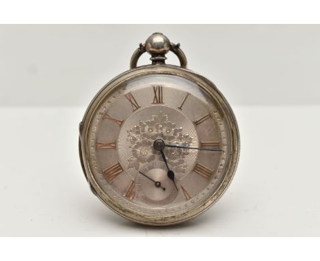 A LATE VICTORIAN SILVER OPEN FACE POCKET WATCH, key wound, silver floral detailed dial, Roman numerals, blue steel hands, sub