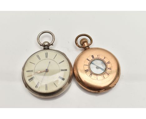 TWO POCKET WATCHES, the first a silver open face pocket watch, key wound movement, unsigned dial, Roman numerals, approximate