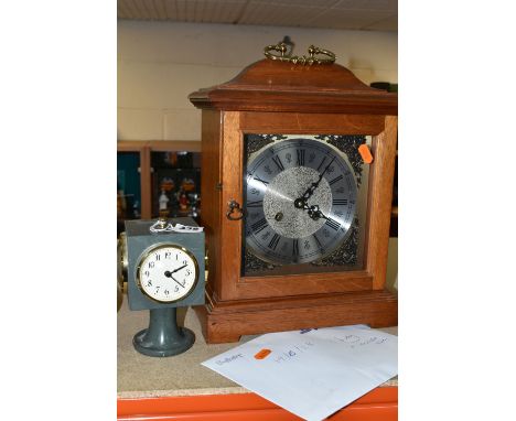 TWO CLOCKS, comprising a stone cased, cube shaped Daymaster clock, with thermometer, barometer and hygrometer, together with 