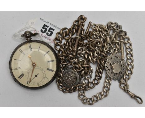 A SILVER OPEN FACE POCKET WATCH AND TWO ALBERT CHAINS, key wound pocket watch, round dial, Roman numerals, subsidiary seconds