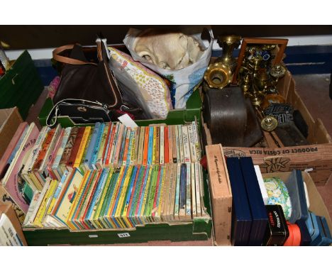 FOUR BOXES OF BOOKS, METAL WARES AND SUNDRY ITEMS, to include approximately one hundred children's books including Ladybird a
