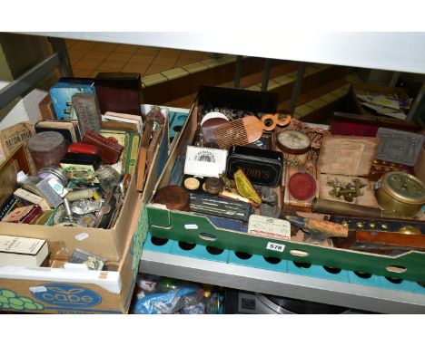 TWO BOXES OF MISCELLANEOUS VINTAGE SUNDRIES, to include two cased hydrometers, an Art Nouveau 'Pins' tin, a cased Meerschaum 