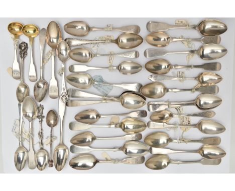 A BAG OF ASSORTED 18TH, 19TH AND 20TH CENTURY SCOTTISH SILVER TEASPOONS AND CONDIMENT SPOONS ASSAYED IN EDINBURGH, assorted p