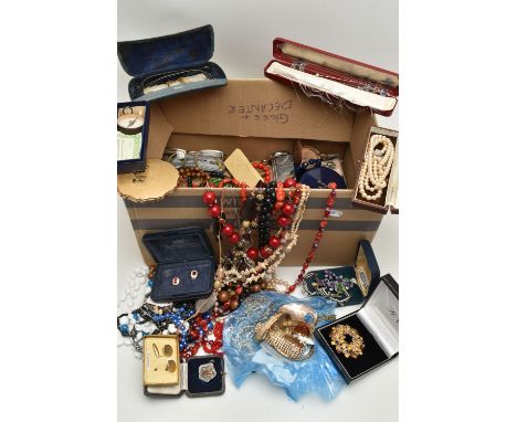 A BOX OF ASSORTED COSTUME JEWELLERY AND ITEMS, to include various beaded necklaces, bracelets, glasses, lighter, compact, bro