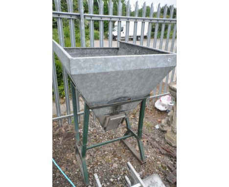 A HEAVY-DUTY GALVANISED STEEL COAL HOPPER ON STAND with shute, width 91cm, depth 110cm and height 135cm (apparently rated at 