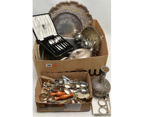 A BOX OF ASSORTED WHITE METAL WARE, to include an overlaid decanter, two silver napkin rings with an engine turned pattern an