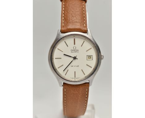 A GENTS 'OMEGA QUARTZ' WRISTWATCH, round white dial signed 'Omega Quartz De Ville', baton markers, date window at the three o