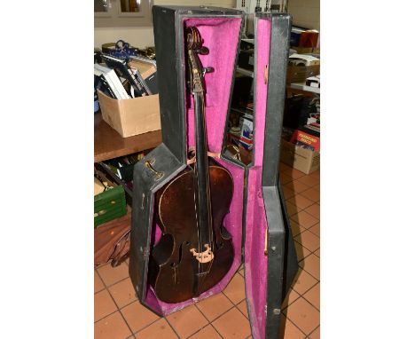 A VINTAGE AND SLIGHTLY DISTRESSED CELLO with 'Leslie Sheppard' paper label to interior and 5309 on separate label, two piece 