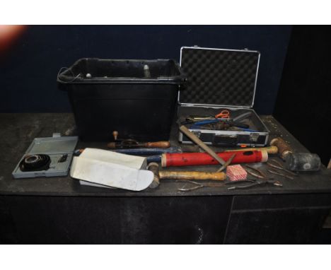 A TRAY AND A CASE CONTAINING TOOLS AND HARDWARE including files, tin snips, pliers, a Faithful bolt cropper, two hide and one