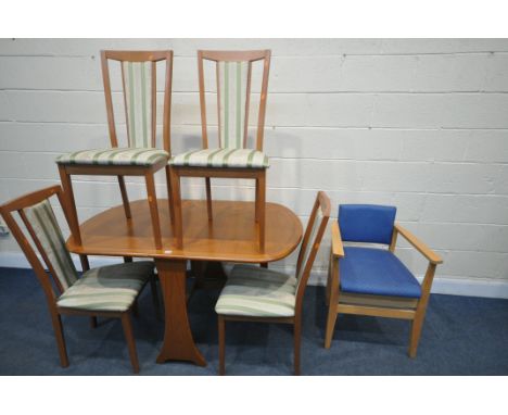 A MORRIS FURNITURE CO TEAK EFFECT GATE LEG TABLE, open width 150cm x closed width 22cm x depth 91cm x height 74cm, four chair