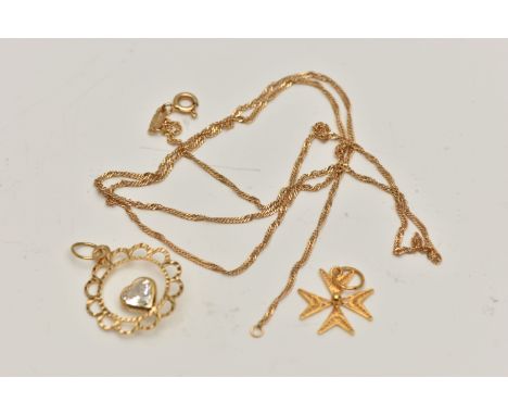 AN ASSORTMENT OF YELLOW METAL JEWELLERY, to include a yellow metal filagree Maltese cross pendant, bail stamped 750, a yellow