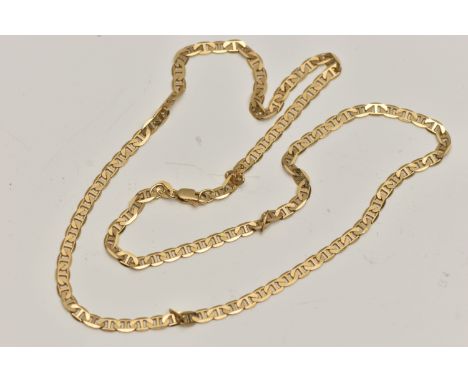A CHAIN NECKLACE, the mariner chain with a spring release clasp, stamped 750, length 49cms, approximate weight 11.9 grams (co