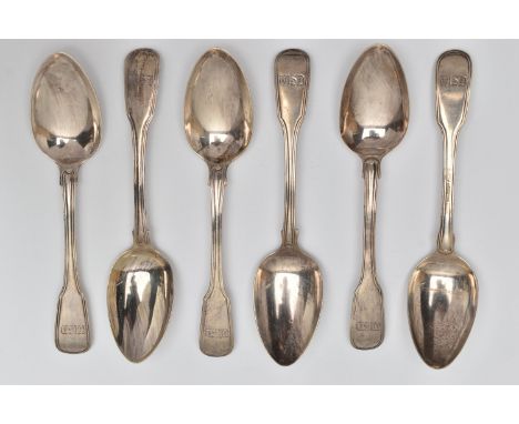 A MATCHED SET OF SIX LATE GEORGIAN SILVER FIDDLE AND THREAD PATTERN DESSERT SPOONS, engraved initials, 2 x William Eley I, Wi