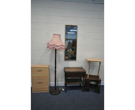 A SELECTION OF OCCASIONAL FURNITURE, to include an oak drop leaf tea trolley, nest of three tables, a pine effect two tier sh