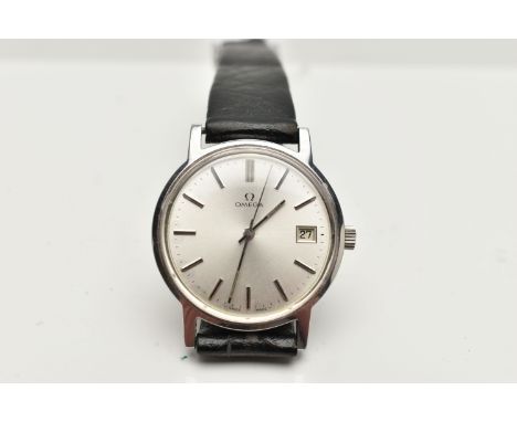 A GENTS 'OMEGA ' WRISTWATCH, manual wind, round silver dial signed 'Omega', baton markers, date window at the three o'clock p