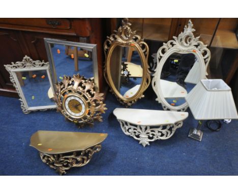 A SELECTION OF MIRRORS, to include a near pair of French foliate wall mirrors, two other mirrors, along with a syroco foliate