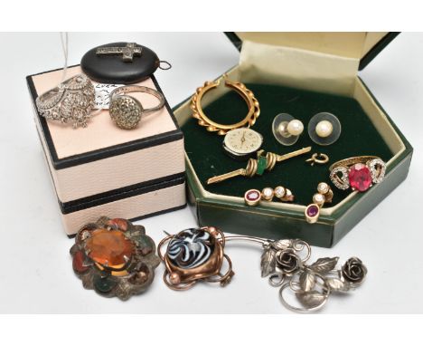 A BAG OF ASSORTED JEWELLERY, to include a pair of 9ct gold ruby and diamond drop earrings, each earring set with an oval cut 