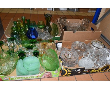 FOUR BOXES OF GLASSWARE, to include three cut glass rose bowls, fruit bowls, a jade coloured dessert set, a green uranium gla