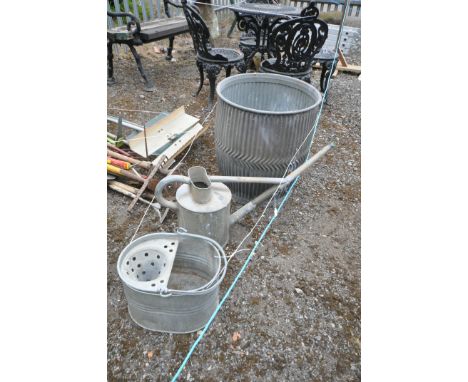 A VINTAGE GALVANISED 'THE POPULAR TUB DOLLY TUB, along with a Haws No4 watering can, and a mop bucket (condition: -missing wa